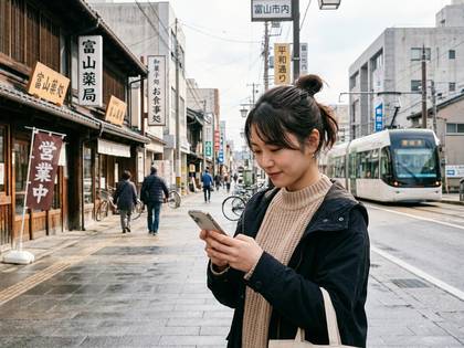 日本の商店街でスマートフォンを見る女性。