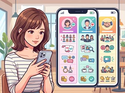 スマホを操作する女性。画面にソーシャルアプリの機能アイコンが並ぶ。
