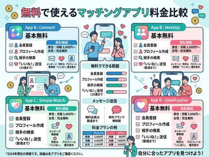 無料で利用できるマッチングアプリの機能と料金を比較した図。
