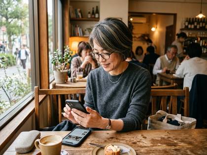 カフェの窓際でスマートフォンを操作する中年の女性。