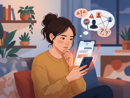 スマートフォンを見てネットトラブルの警告に悩む女性。