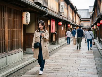 伝統的な日本の街並みをスマホを見ながら笑顔で歩く女性。