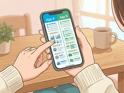 アプリ比較画面が表示されたスマートフォンを操作する女性の手。