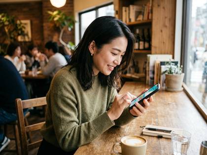 カフェでスマホを笑顔で操作する女性。