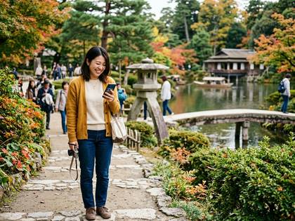 秋の日本庭園で、笑顔の女性がスマホを見ながら散策。池と橋が見える。