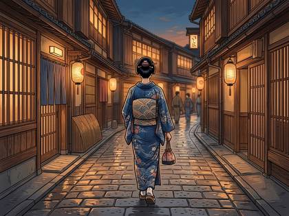 提灯が灯る日本の町並みを歩く、着物姿の女性の後ろ姿。