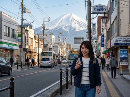 富士山を背景に、街中でスマートフォンを見る女性。