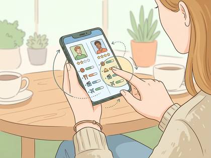 スマートフォンでアプリを操作する手。プロフィールとアクティビティ選択画面。