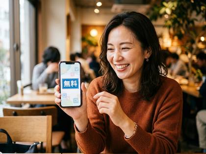 カフェで「無料」表示のスマホを見せる笑顔の女性。