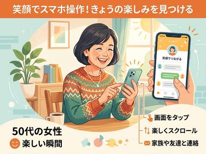 笑顔の50代女性がスマホを操作し、家族や友人と連絡を取る楽しい瞬間。