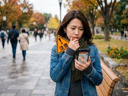 紅葉の公園でスマホ地図を見ながら迷う女性と「注意」の標識。