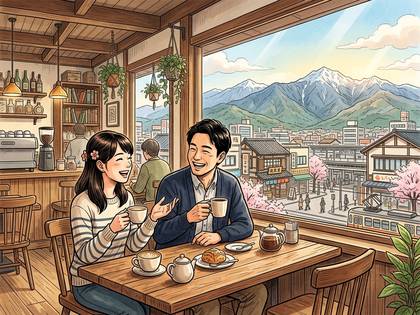 雪山と桜が見えるカフェで、コーヒーを楽しむ笑顔の男女。