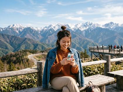 絶景の山々を背に、笑顔の女性がスマホを楽しむ。