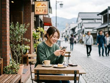 日本の屋外カフェでスマホを見ながらくつろぐ女性。