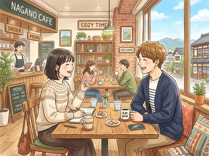 長野カフェの店内で、笑顔の男女が向かい合ってくつろぐ。