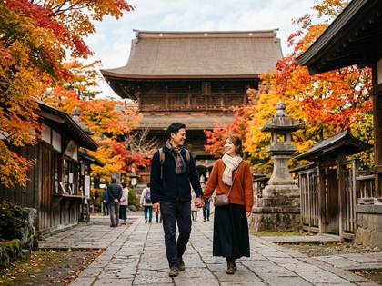 日本の紅葉の寺院で、手を取り合って散策するカップル。