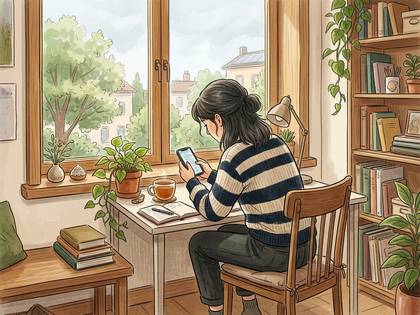 窓辺でスマホを見る女性。本棚や植物のある穏やかな部屋。
