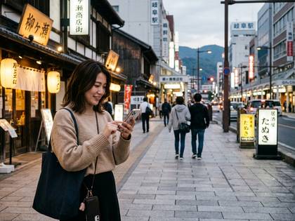 日本の街並みを背景に、笑顔でスマホを操作する女性。