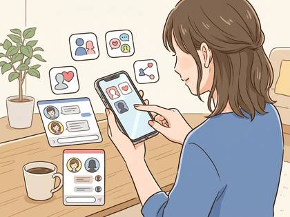 女性がスマホを操作し、SNSのアイコンが浮かぶイラスト。