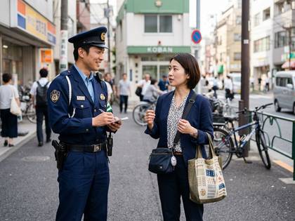 交番前で女性の話を聞き、メモを取る警察官