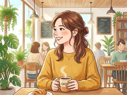 植物あふれるカフェで、笑顔の女性がコーヒーを楽しむ。