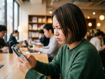室内で眉をひそめ、スマホを見る女性。