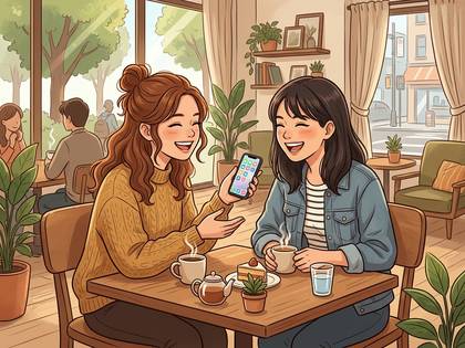 カフェでスマートフォンを見せ合い、笑顔で会話する二人の女性。