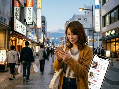 富士山が見える日本の街角でスマートフォンを操作する女性。