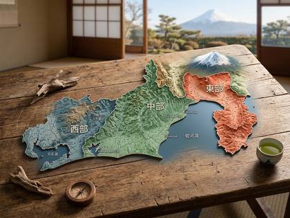 日本家屋で富士山を背景に、静岡県の立体地図が木製テーブルに。