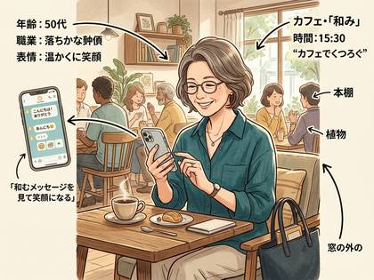 カフェでスマホを見て温かく微笑む50代女性。