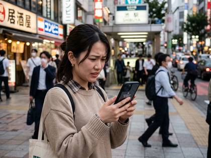 日本の繁華街で、眉間にしわを寄せてスマートフォンを見つめる女性。