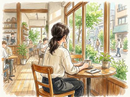 カフェの窓際で、コーヒーを片手に外の景色を眺める女性のイラスト。