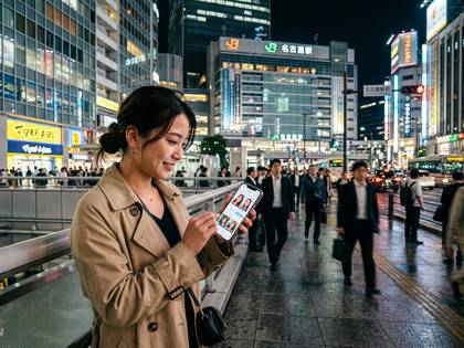 夜の都会でスマホアプリを見る笑顔の女性。