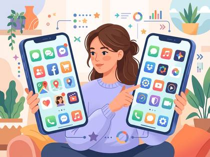 両手にスマートフォンを持ち、アプリ画面を操作する女性のイラスト。