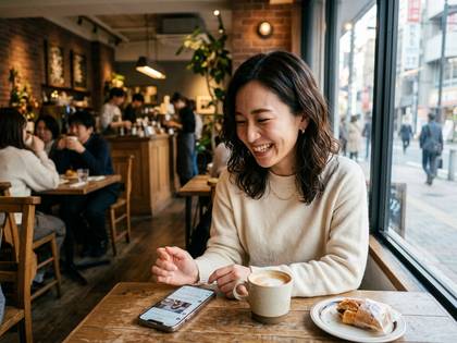 カフェの窓際で笑顔の女性がスマホとコーヒーを楽しむ。