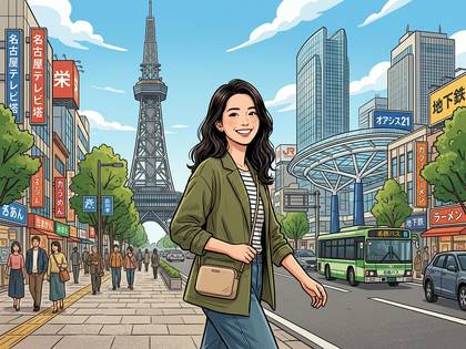 名古屋の街並みを笑顔で散歩する女性。