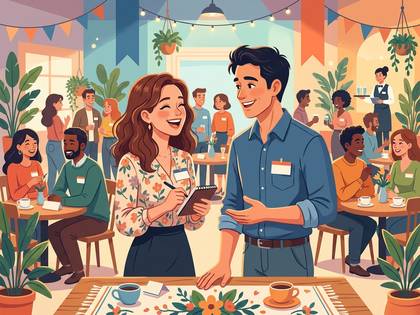 活気ある室内交流会で、笑顔の男女が会話しながらメモを取る様子。