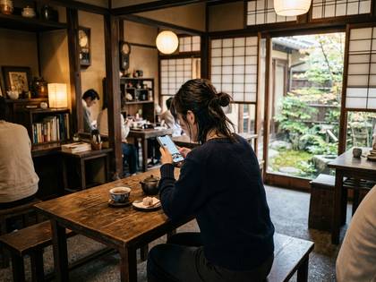 庭が見える和風カフェでスマホを使う女性。