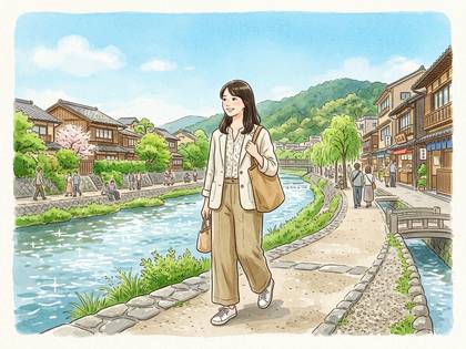 川沿いの伝統的な街並みを散歩する女性のイラスト。