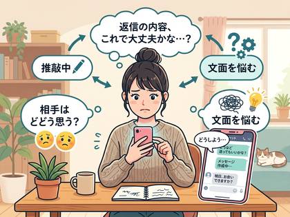 スマートフォンでメッセージ返信に悩み、相手の反応を熟考する女性。