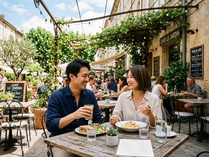 屋外カフェで食事を楽しむ笑顔のカップル。