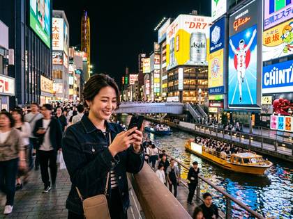 夜の道頓堀でスマホを見る笑顔の女性。人々が行き交い、ネオンが輝く街並み。