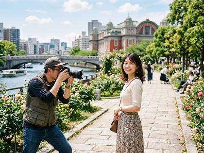 笑顔の女性を撮るカメラマン。背景は川、橋、歴史的建物とバラ咲く公園。