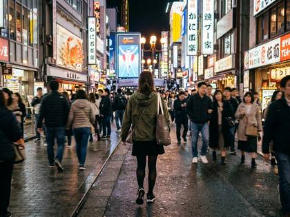 ネオンが輝く夜の日本の繁華街を歩く人々。