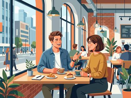 カフェで笑顔で談笑する男女。テーブルにコーヒーとスイーツ。