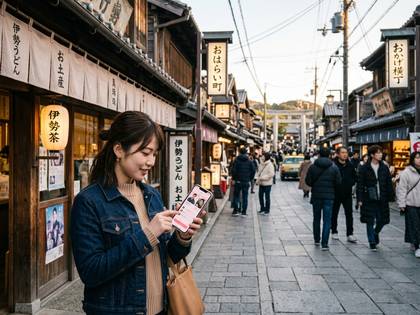 日本の古い街並みでスマートフォンを見る女性。