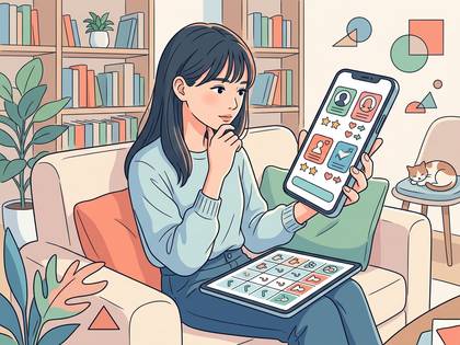 ソファでスマホとタブレットを操作し、思案する女性。本棚や猫が見える部屋。