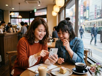 天文館のカフェでスマホを見ながら話す女性2人の写真