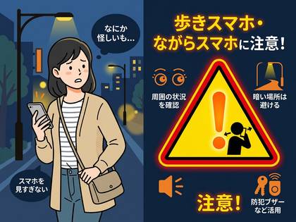 夜道で歩きスマホをする女性と、防犯対策を呼びかける注意喚起イラスト。