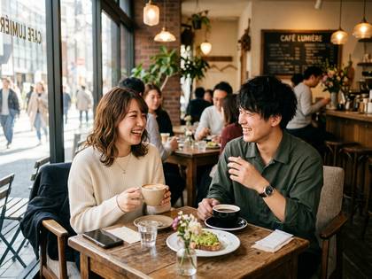窓際のカフェでコーヒーを飲みながら笑顔で談笑するカップル。